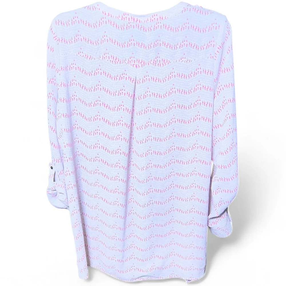 New Directions XL Pink Textured Roll Tab Sleeve Asymmetrical Hem Tunic Blouse - Picture 7 of 7